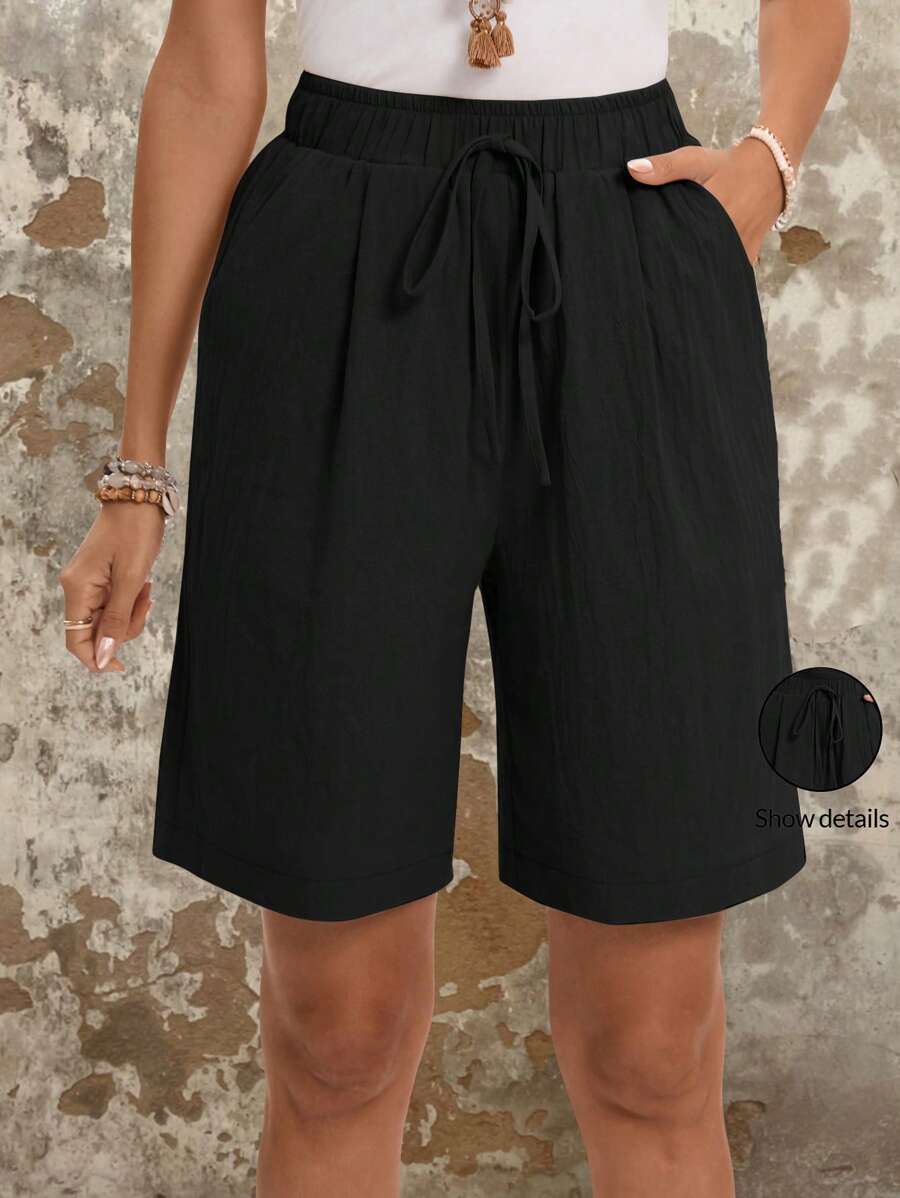 EMERY ROSE Solid Color Elastic Waist Slant Pocket Shorts  Women's Summer Shorts Cotton Comfy Shorts - Black - View 1