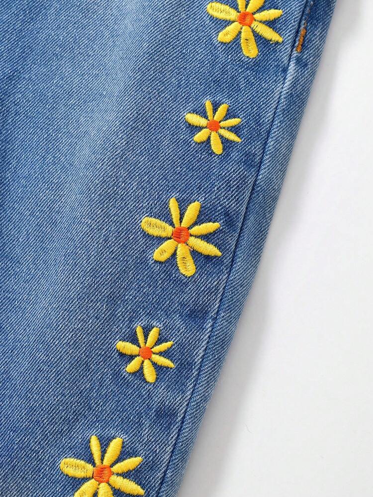 Baby Girl Casual Cute Floral Embroidered Denim Overalls With Ruffle Trim And Adjustable Shoulder Straps