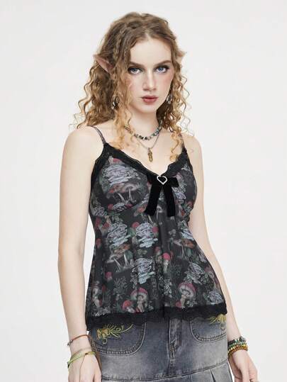 Pattern Festival Parte superior de camiseta de mujer estilo "Mori" con estampado de setas y lazo