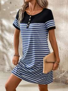 EMERY ROSE Ladies' Summer Striped Round Neck Button Front Semi-Placket Short Sleeve Casual T-Shirt Dress - Navy Blue - View 4