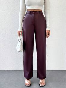 EURMUSE Ladies' Pu Leather Pants - Burgundy - View 5