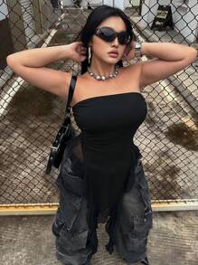 Flirla Blusa de estilo diario sencillo con top tubo de unicolor para mujeres de talla grande - Negro - Ver 4