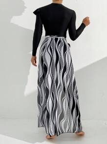 Swim Mulvari Women's Burkini Set With Ruffle Front And Striped Cover Up Skirt, 3 Pieces, Wireless, Random Print, Copyright Purchased, Black, Summer Beach Arabic Clothing