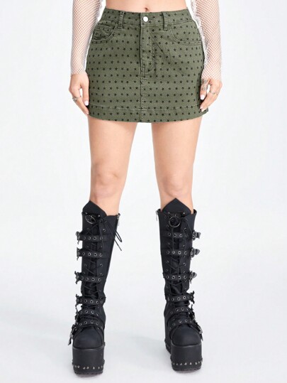 Grunge Punk Gonna jeans estiva con tasche e bottoni a stampa di stelle