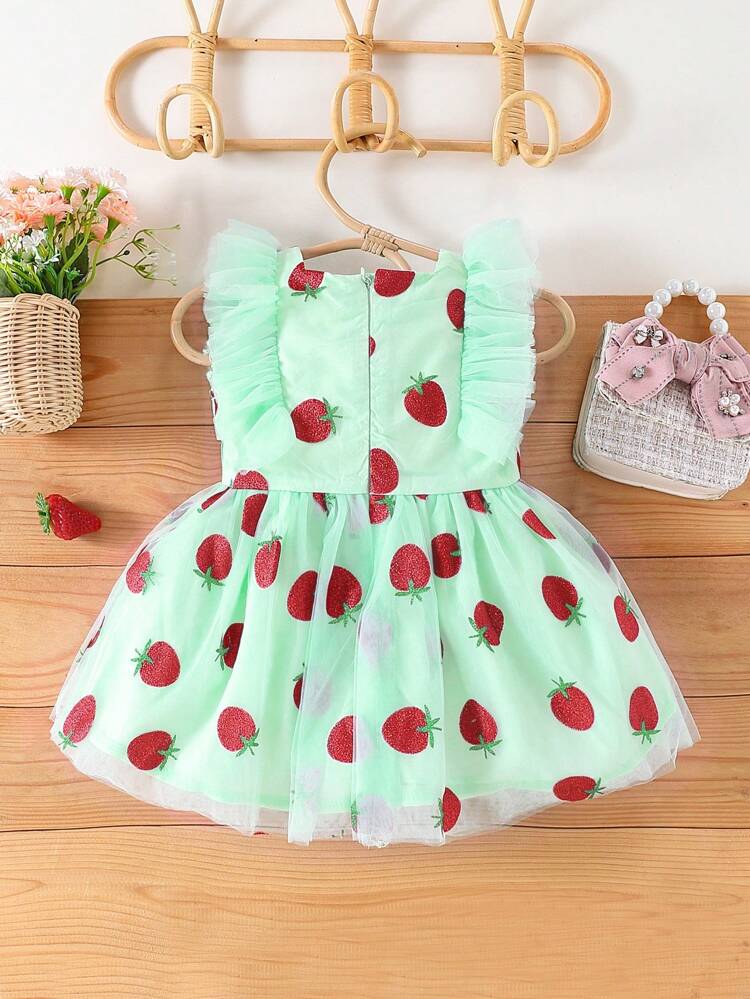 Baby Girl Pink Strawberry Tulle Dress With Gold Foil
