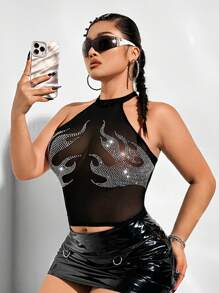 SHEIN ICON Plus Size Women's Sexy See-Through Halter Top With Rhinestone Decor And Stylish Design, For Summer - Black - View 4
