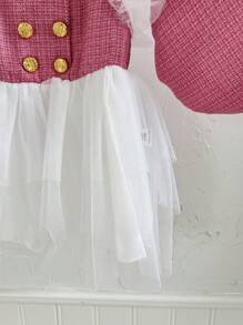 Rochie decor cu nasturi din plasă contrastant la modă fetiță - Roz - Vizualizare 7