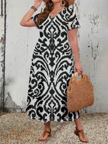 EMERY ROSE 女裝大尺碼休閒花卉印花V領短袖長裙，適合夏季穿著 - 黑與白 - 查看 6