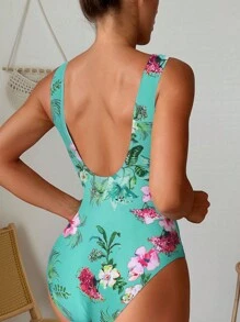 Swim Lushoire Summer Beach Floral Print Wrap Ruched Low Back One-Piece Swimsuit - Green - View 2