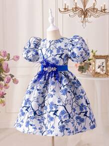 SHEIN 可爱领泡泡袖少女紧身连衣裙 - 藍色 - 查看 5