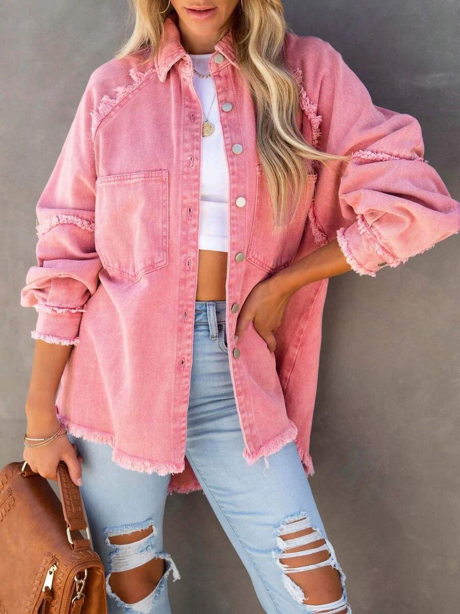 Women's Solid Color Frayed Hem Denim Blouse - Pink - View 1