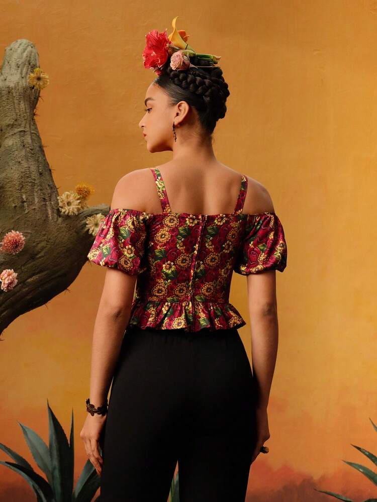 Women's Allover Printed Cold Shoulder Ruched Bust Peplum Blouse