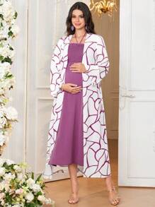 SHEIN Maternity Elegant, Youthful, And Mature Ribbed Open-Front Jumpsuit With Drawstring And Strap, Loose-Fitting, 2pcs/Set - Dusty Pink - View 6