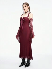 ROMWE Goth Đầm ôm body phối ren tay loe lưới viền đuôi cá tương phản dành cho nữ - Đỏ - Xem 3