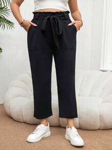 SHEIN Essnce Pantalones negros de lápiz con cinturón de lazo de talla grande para mujer, de moda y cómodos para ocasiones casuales y en el hogar - Negro - Ver 1