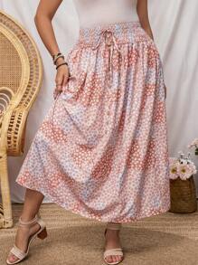 SHEIN LUNE Plus Size Women's Vacation Ditsy Floral Tie-Waist Long Loose Skirt