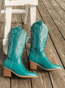 Fall/Winter 2025 Women's Western Embroidered Vintage Chunky Heel Mid-Calf V-Cut Riding Boots, Fashionable,Cowboy Boots,Cowgirl Boots,Coachella - Blue - View 5