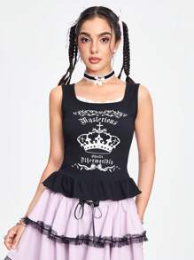 ROMWE Kawaii Women Crown & Letter Printed Lace Up Tie Back Tank Top For Summer - Black - View 1