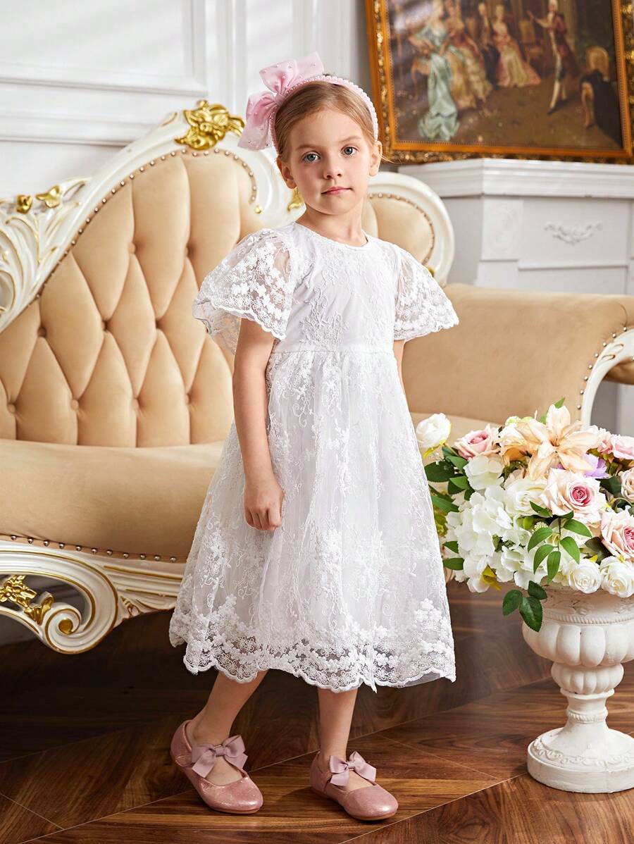 Young Girl 1pc Scallop Trim Embroidery Mesh Overlay Dress - White - View 1
