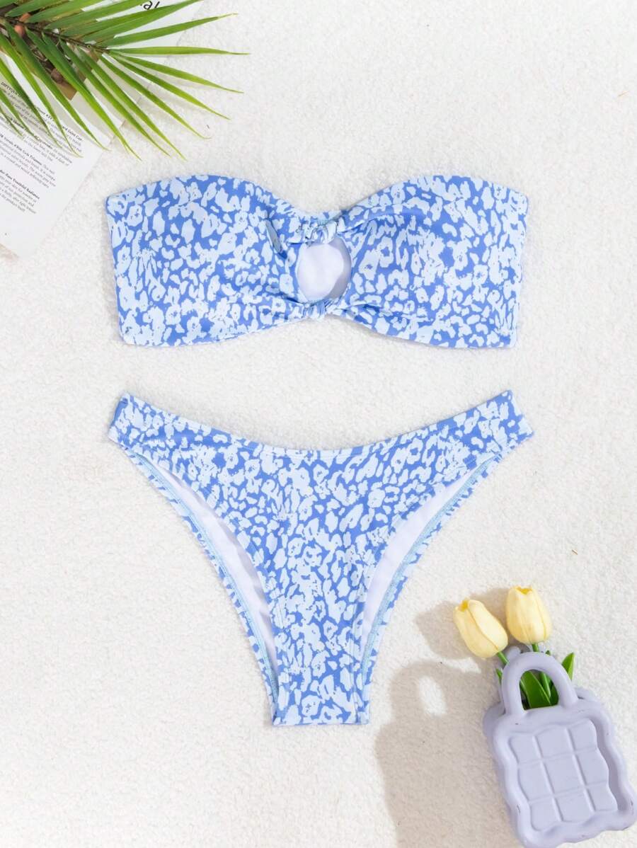 SHEIN Swim 女士豹纹海滩度假比基尼套装，夏季海滩 - 藍色 - 查看 1