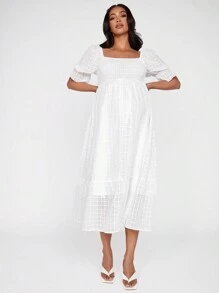 SHEIN Maternity Romance Square Neck Short Sleeve Top Dress - White - View 3
