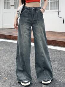 DAZY Ladies' Plain Simple Daily Fashion Denim Trousers,Baggy Jeans