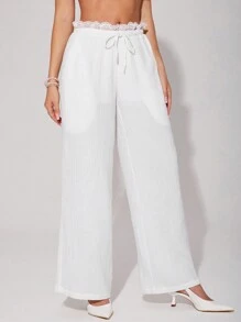 Sweetina Pantalones anchos de pierna ancha de textura de encaje a ganchillo con ajuste suelto de estilo casual Y2K, pantalones blancos de verano, atuendo para conciertos, atuendo de verano