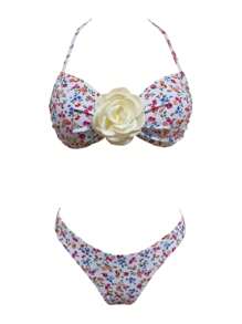 Swim Mod Women Floral 3D Flower Bikini Set With Neck Strap And Swimwear Bottoms Summer - Apricot - View 5
