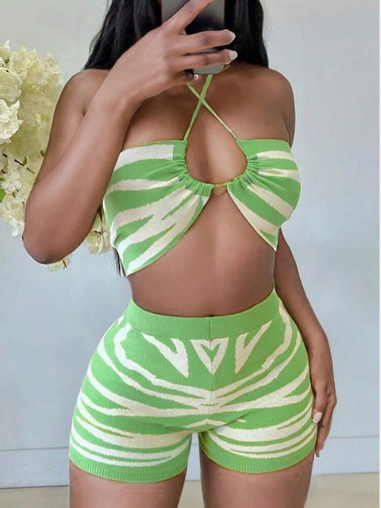 Summer Casual Vacation Cross Halter Neck Strap Super Crop Top Tight Mini Shorts Green And White Wave Pattern Printed Pattern Women's Two-Piece Set-H