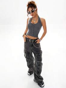 Coolane Ladies' Street-Style Open-Front Knitted Vest Top With Necklace - Grey - View 8