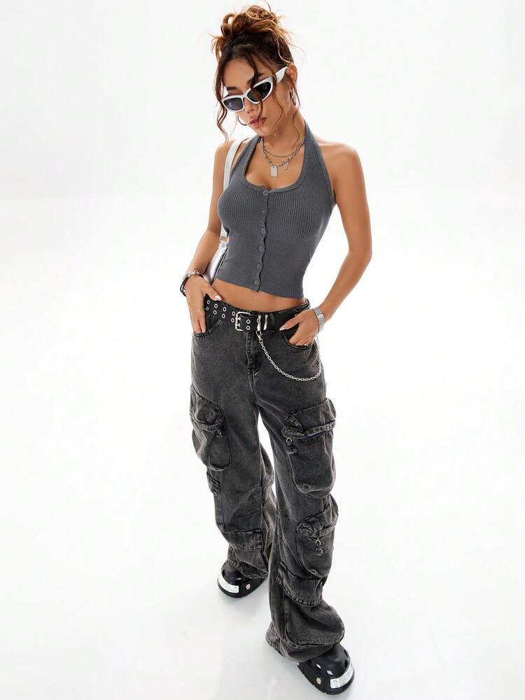 Ladies' Street-Style Open-Front Knitted Vest Top With Necklace