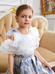 SHEIN Set aus 2 Teilen für Kleine Mädchen: Gerüschte Bluse mit Puffärmeln und Jacquard Rock