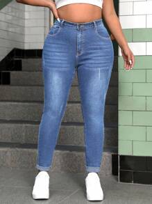 SHEIN ICON Quần Jeans Skinny Co Giãn Cỡ Lớn Màu Tối Có Chi Tiết Hình Bàn Chân Mèo Trang Phục Mùa Hè Cho Nữ Trang Phục Lễ Hội Quần Jeans Thường Ngày - Rửa trung bình - Xem 4