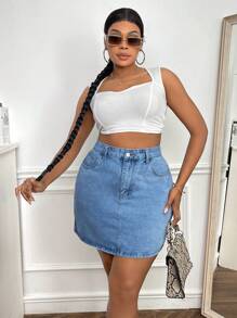 SHEIN SXY 加大尺碼夏季時尚水洗牛仔A字裙，斜口袋設計，適合外出穿著 - 中等水洗藍 - 查看 5