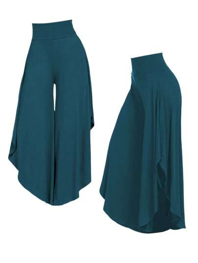 EMERY ROSE Plus Size Solid Color Asymmetrical Hem Wide Leg Pants Fall Cloth For Women