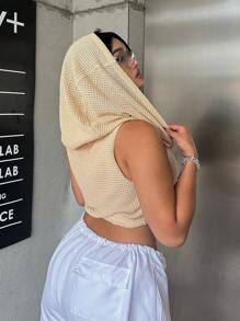 Sweetra Plus Size Women Summer Solid Color Waffle Grid Hooded Casual Tank Top - Yellow - View 6