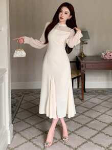 DAZY Robe longue à manches longues en patchwork pour femmes, robe de bal d'anniversaire, volants, robe d'automne maxi - Beige - Voir 7