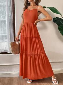 SHEIN Essnce Women's Orange Woven Neckline & Lace Splicing A-Line Casual Dress With Spaghetti Straps For Summer