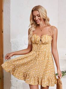 Women Ditsy Floral Sleeveless Casual Vacation Mini Dress - Yellow - View 3