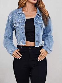 Pearl Decor Distressed Frayed Hem Short Denim Jacket - Women's Fashionable Spring Clothing - Light Wash - View 3