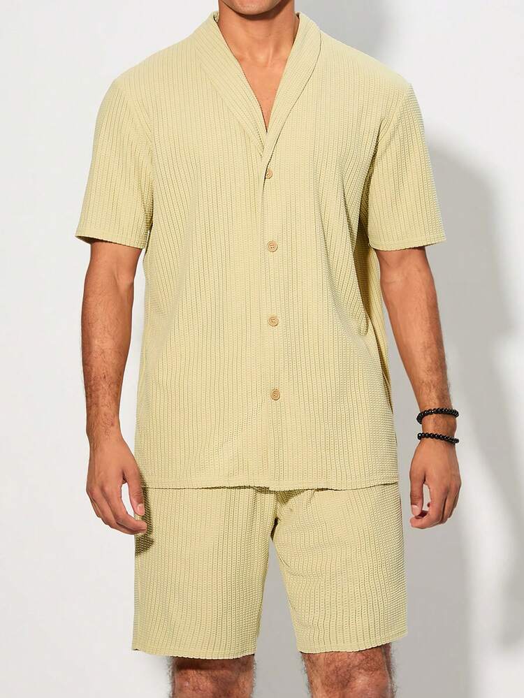 Men's Woven Jacquard Knit Shirt And Shorts Two-Piece Set In Khaki