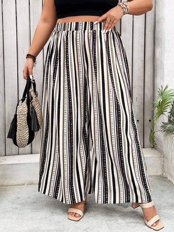SHEIN CURVE+ Pantalones de pierna ancha con estampado de rayas y geométricos a la moda para mujeres de talla grande