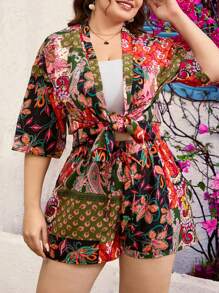 Dreamara Plus Size Bohemian Style Patchwork Print Kimono And Shorts - Multicolor - View 7