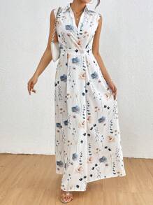 SHEIN Clasi 女士休闲无袖腰系带花卉印花飘逸秋千连衣裙，适合假期穿着 - 白色 - 查看 6