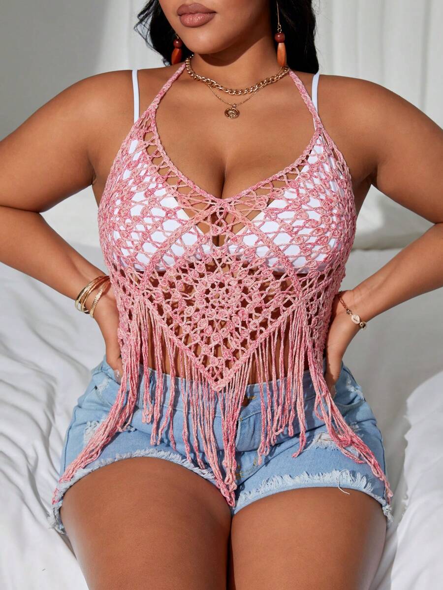 Summer Beach Plus Size Hollow Out Knitted Fringe Hem Tie Back Halter Cover-Up Top, Perfect For Beach Vacation - Pink - View 1