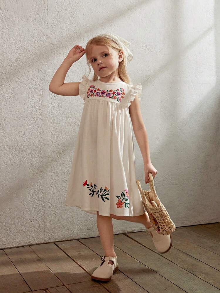 Young Girl Casual Floral Pattern Round Neck Ruffled Waist Dress