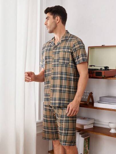 Men's Plaid Short Sleeve Shorts Homewear Set