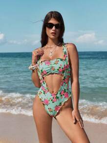 SHEIN Swim Set da bikini con fiori colorati e motivo traforato per le donne, spiaggia estiva - Multicolore - Visualizzare 7