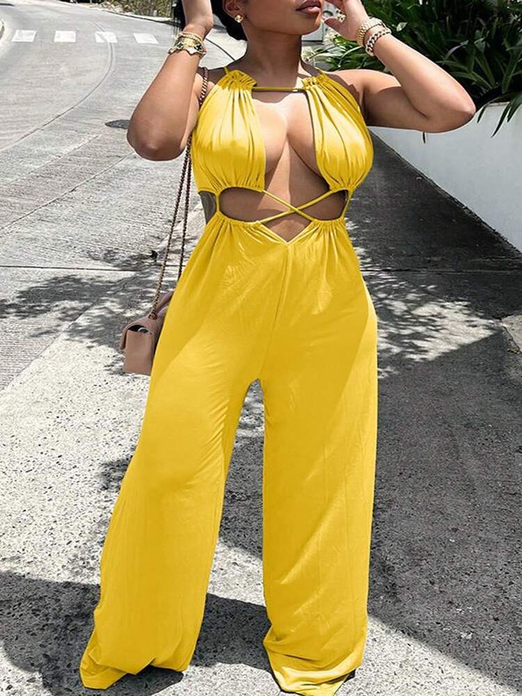 Plus Casual Basic Elastic Knitted Hollow Out Drawstring Women Jumpsuit-Z