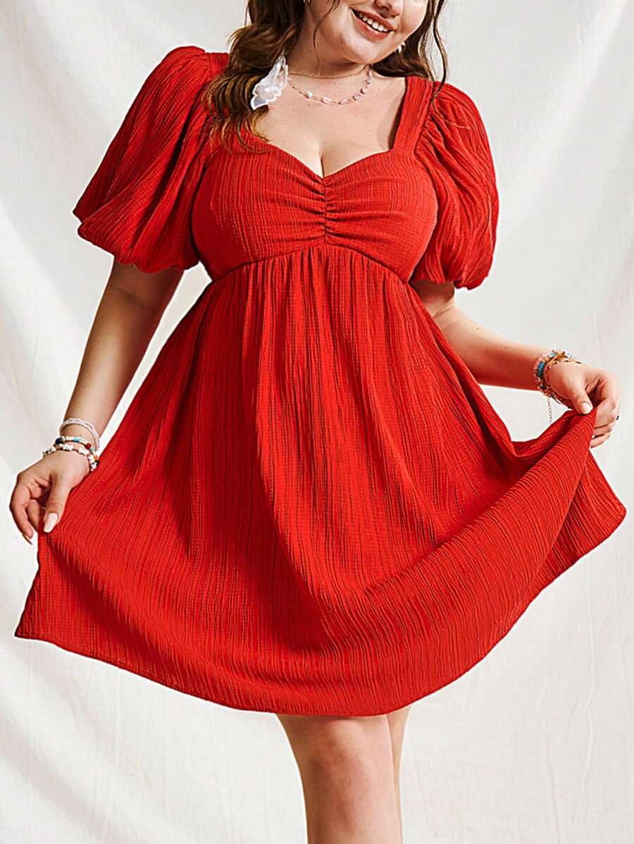 Sunnyshic Plus Holiday V-Neck Bubble Sleeve A-Line Dress - Red - View 1
